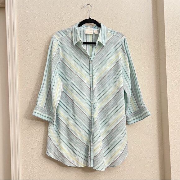 Chicos No Iron Striped 100% Linen Button Front Top Shirt Teal Blue White Size XL - Picture 3 of 10